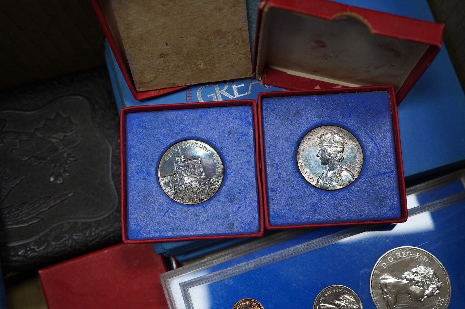 Royal Mint, QEII, UK proof coin year sets, two George V silver jubilee medals and a George VI silver Coronation medal another various coins